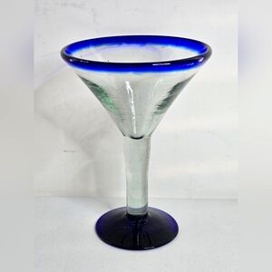 Aztecas Design Mexican Hand Blown Blue Rim Martini Margarita Cocktail Glass Copa